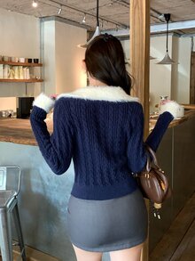 DAZY Women's Colorblock Patchwork Short Casual Pullover Sweater - Navy Blue - View 4