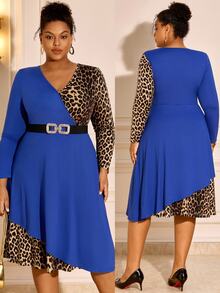 BrightlyHer Plus Size Sexy Metal Buckle Leopard Print Dress - Multicolor - View 10