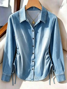 GlowEve CURVE Plus Size Autumn/Winter Women's Casual Shirt With Side Waist Design, Gathered Denim Effect Print And Small Stand Collar - Blue - View 1