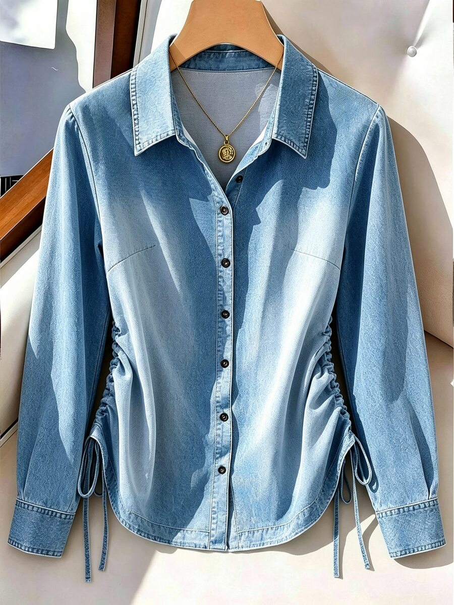GlowEve CURVE Plus Size Autumn/Winter Women's Casual Shirt With Side Waist Design, Gathered Denim Effect Print And Small Stand Collar - Blue - View 1