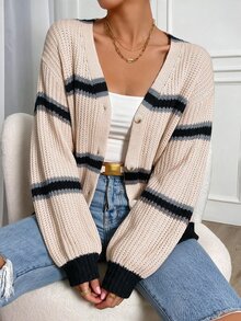 Flirla Women's Vintage Button Striped Contrast Color Knit Cardigan - Multicolor - View 5