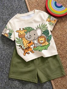 男嬰休閒簡約卡通動物印花T恤短褲套裝，適合夏季 - 彩色 - 查看 5