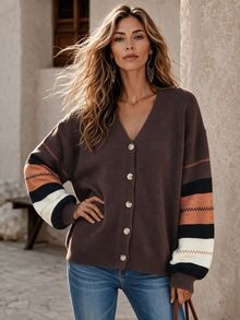Faunlyn Women's Autumn/Winter Striped Drop Shoulder Long Sleeve Casual Knit Cardigan - Brown - View 6