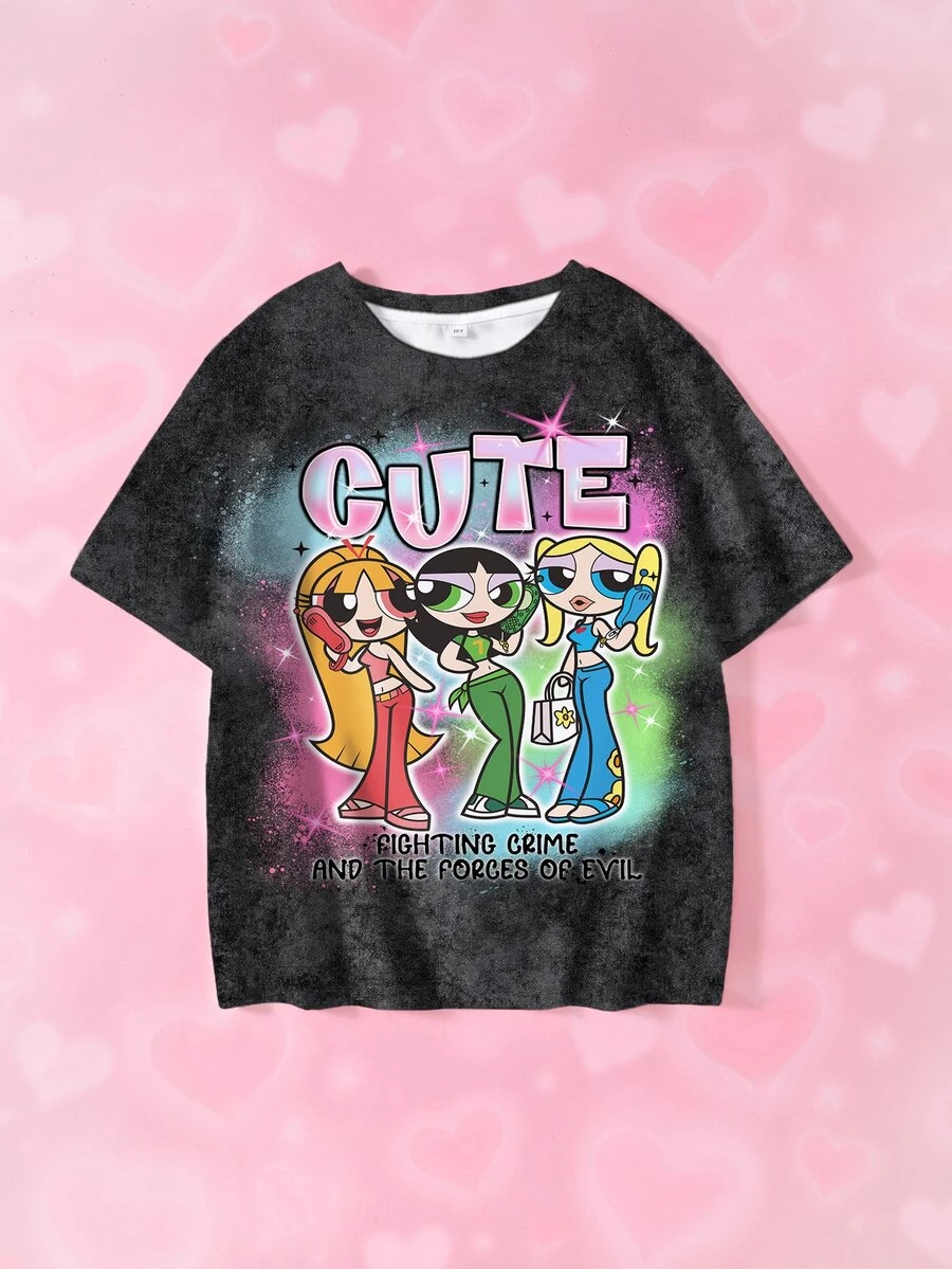 THE POWERPUFF GIRLS X SHEIN Tween Girl Letter Cartoon Print Short Sleeve Casual T-Shirt - White - View 1