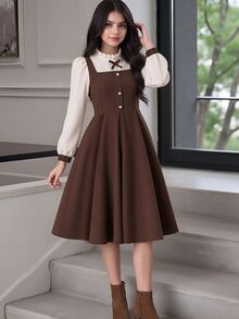 Teen Girls Elegant Woven Long Sleeve Collared Shirt Casual 2 In 1 Patchwork Dress - Brown - View 7