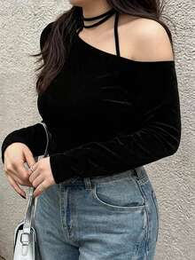 Dazy Plus Korean Style Tie-Up Asymmetrical Cold Shoulder Elegant Long Sleeve Spring Autumn T-Shirt - Black - View 4