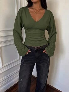 SHEIN Tall 女款休閒百搭純色喇叭袖上衣 - 軍綠色 - 查看 4