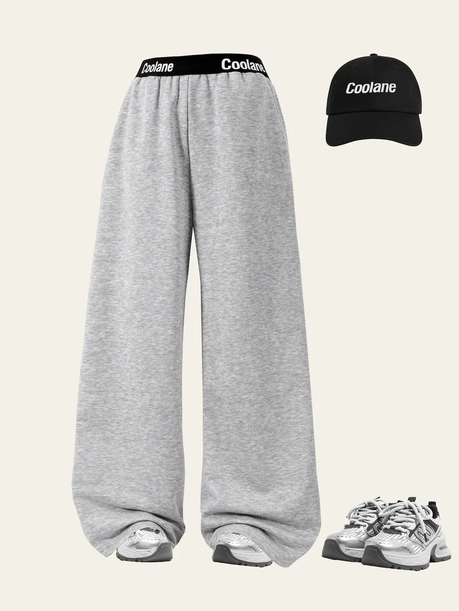 SHEIN Teen Girls High Waist Casual Contrast Color Waistband Wide Leg Sweatpants Summer Holiday, Fall, Minimalist, Back To School, Outfit - Grey - View 1