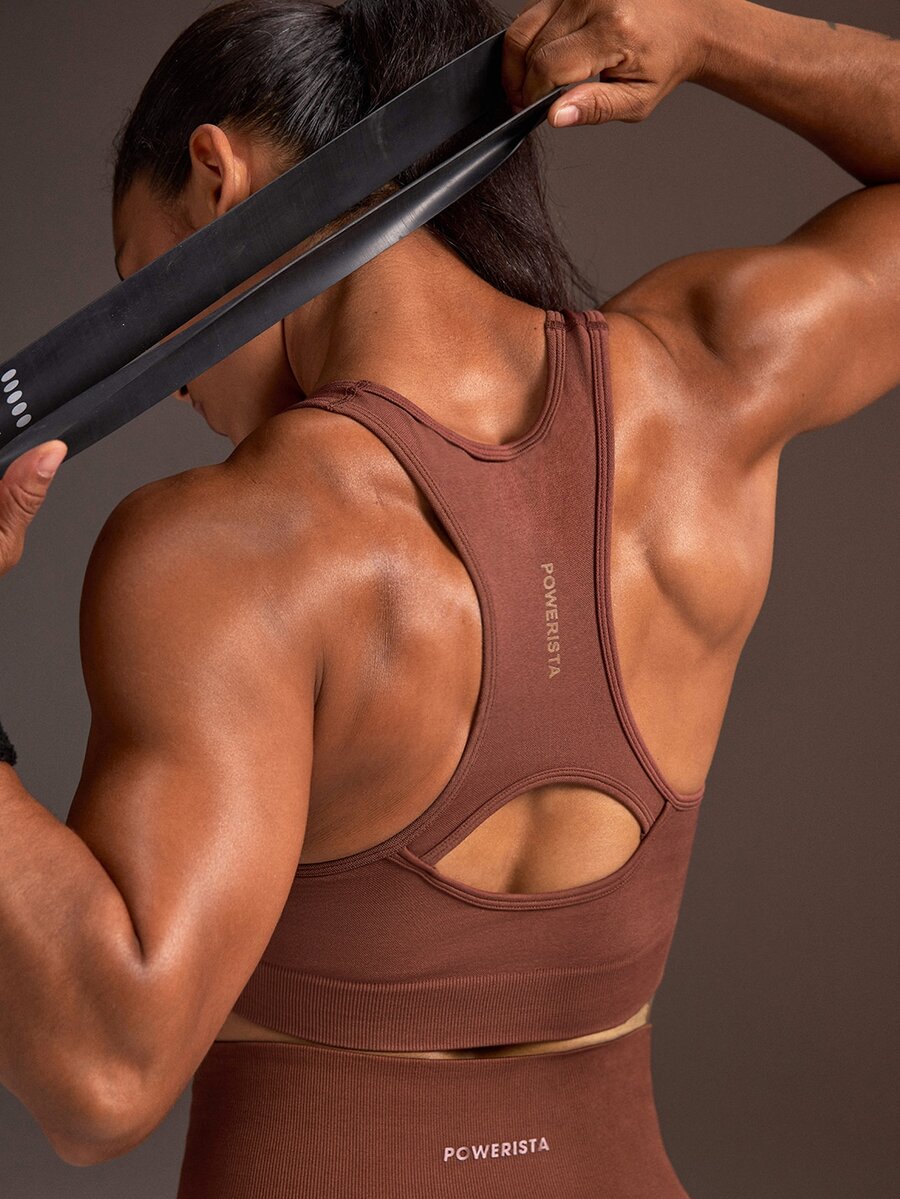 Powerista Women's Solid Color Back Hollow Elastic Versatile Sports Bra Seamless Fitness, Workouts, Outdoor Leisure, And Running Gym Brown Training Backless - Brown - View 1