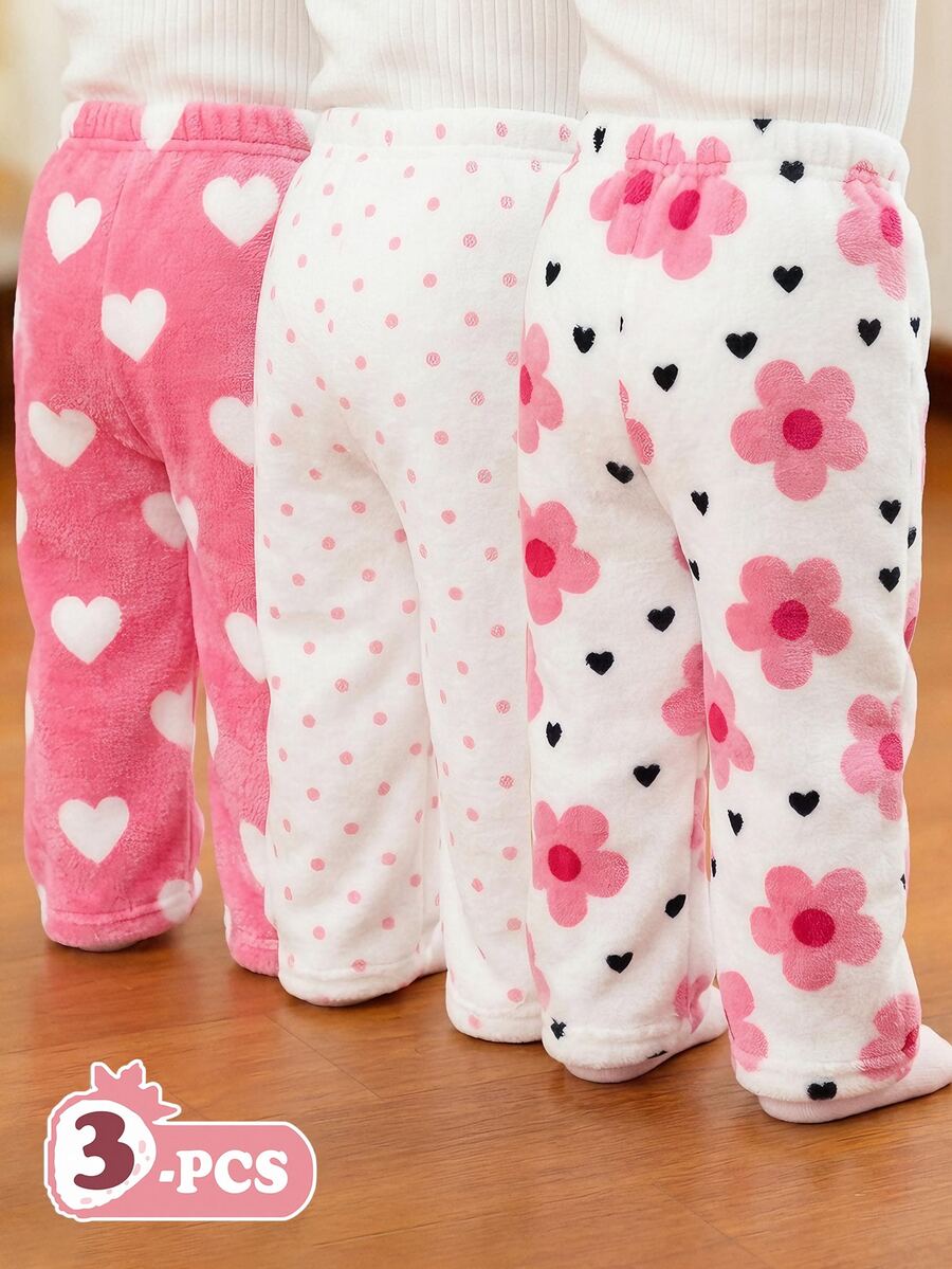 3pcs/Set, Baby Girl Casual Polka Dot Heart Floral Pattern Winter Pants - Multicolor - View 1