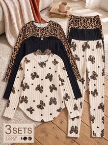 SHEIN 青少年女孩冬季套裝 3件組 羅紋豹紋蝴蝶結圖案長袖T恤與內搭褲 2件式服裝套裝 校園米色黑色 - 棕色 - 查看 3