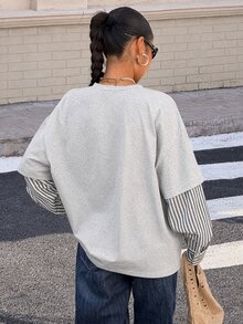 Muchica 女款新款 2 合 1 拼接圓領寬鬆長袖 T 恤，適合外出、街頭風、Y2K，2026 秋冬 - 灰色 - 查看 2