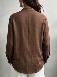 Linhara CURVE Plus Size Women's New Chinese Style Textured Fabric Top, Stand Collar, Frog Button, Lantern Sleeve, Loose Fit National Style Pullover - Brown - View 2