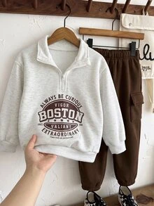 SHEIN Little Byeori 兒童男童 2件組休閒套裝－立領套頭連帽衛衣與保暖內裡秋季長褲，適合冬季、學校、返校穿著，舒適套裝 - 彩色 - 查看 6