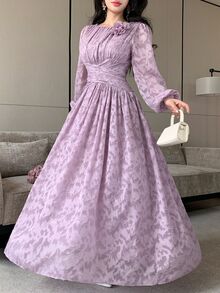 Feyla Women's Elegant 3D Floral Decor Pleated Cut-Out Dress - Purple - View 6