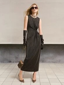 MOTF PREMIUM WOMEN'S SHINY FABRIC SLIM FIT ELEGANT SLEEVELESS MIDI DRESS - Black - View 1