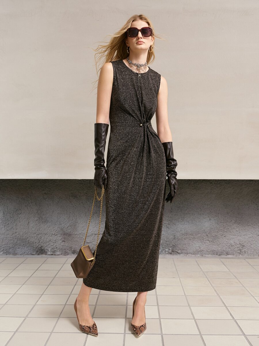 MOTF PREMIUM WOMEN'S SHINY FABRIC SLIM FIT ELEGANT SLEEVELESS MIDI DRESS - Black - View 1