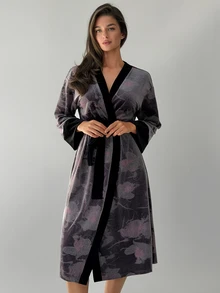 DAZY Women's Printed Pattern Robe With Belt, Comfortable Casual Loungewear - Purple - View 6