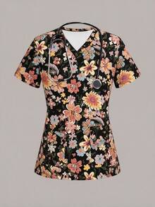PopScrub Floral Print Fashionable Elegant Women's Scrub Uniform Top - Multicolor - View 1