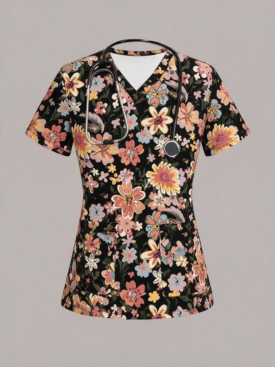 PopScrub Floral Print Fashionable Elegant Women's Scrub Uniform Top - Multicolor - View 1