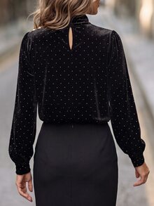 Velvienne Áo sơ mi dệt kim tay dài thanh lịch mùa thu size lớn - màu đen - Xem 2