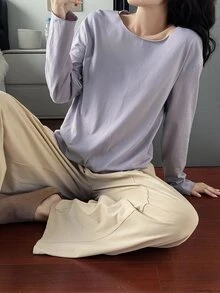 DAZY Women's Loungewear Set Comfortable Dual-Color Solid T-Shirt And Pants - Dusty Purple - View 12