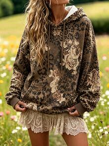 Bytebia Bytebia Women's Leopard Print Floral Pattern Long Sleeve Drawstring Pocket Hooded Sweatshirt - Multicolor - View 1