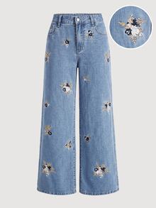 SHEIN Women's Casual Floral Pattern Wide Leg Jeans - Blue - View 2