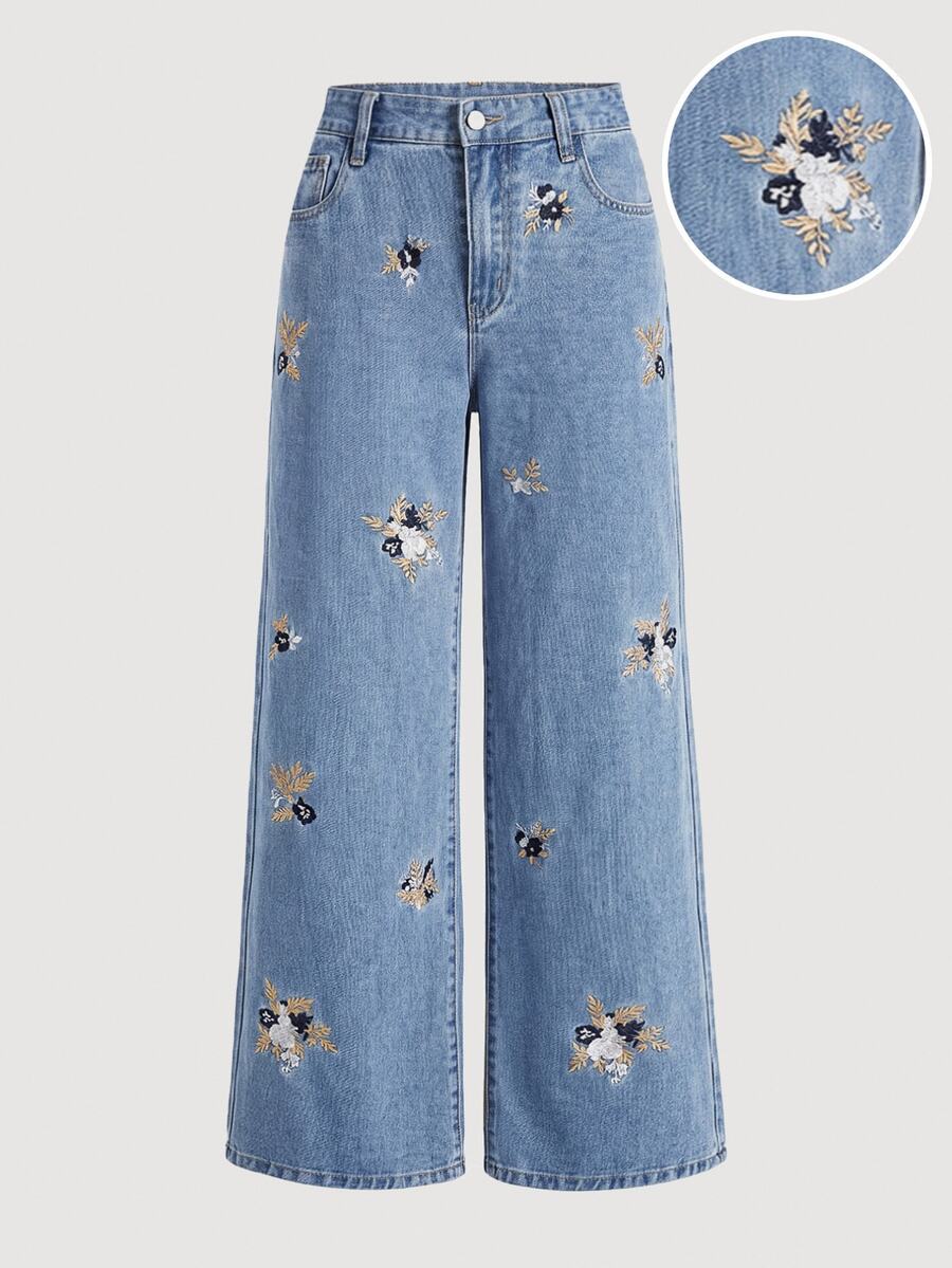 SHEIN Women's Casual Floral Pattern Wide Leg Jeans - Blue - View 1