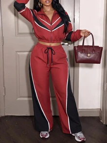 Slaydiva Women's Wine Red Black Color Block Piping Cropped Jacket Long Sleeve Zip Up Collar High Waist Wide Leg Pants Two Pieces Set Casual - Multicolor - View 3
