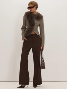 MUSEYN Grey PU Faux Fur Collar Long Sleeve Jacket Versatile Everyday Date Night Chic New Season Fall - Grey - View 2