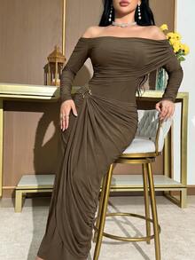 Modelyn Plus Size Women's Solid Color Off-Shoulder Ruched Elegant Waist-Cinching Party Dress - Brown - View 6