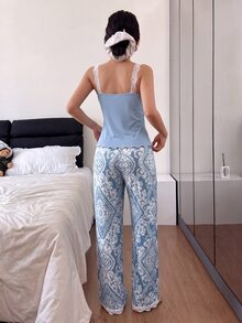 SHEIN 花卉印花蕾絲飾邊細肩帶背心與長褲女款睡衣套裝 - 藍色 - 查看 2
