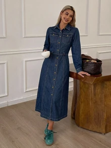 DAZY Đầm sơ mi denim nữ tay phồng dài, cài nút đơn, có túi - Màu xanh lam - Xem 6