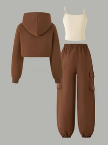 SHEIN 青少年女孩秋季套裝 3件組圓領迷彩圖案衛衣上衣搭配吊帶背心與抽繩下擺休閒長褲/秋季日常穿著 - 棕色 - 查看 2