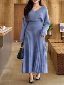 Wynsel Women's Solid Color Overlap V-Neck Batwing Long Sleeve Sweater And Knitted Skirt Elegant 2 Pieces Set Winter - Blue - View 8