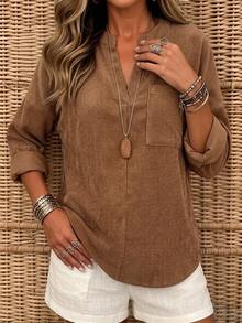 EMERY ROSE Plus Size New V-Neck Long Sleeve Pocket Decor Casual Women's Shirt - Khaki - View 4