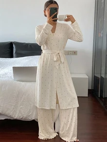 DAZY 3pcs Women's Polka Dot Print Long Cardigan, Long Sleeve Robe, Sleeveless Camisole Tank Top, Straight Long Pajama Pants Sleepwear Set - White - View 3