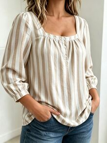 Weeklong Plus Size Striped Square Neck Blouse, Casual Half Button Puff 3/4 Sleeve Shirt Fall - Multicolor - View 4