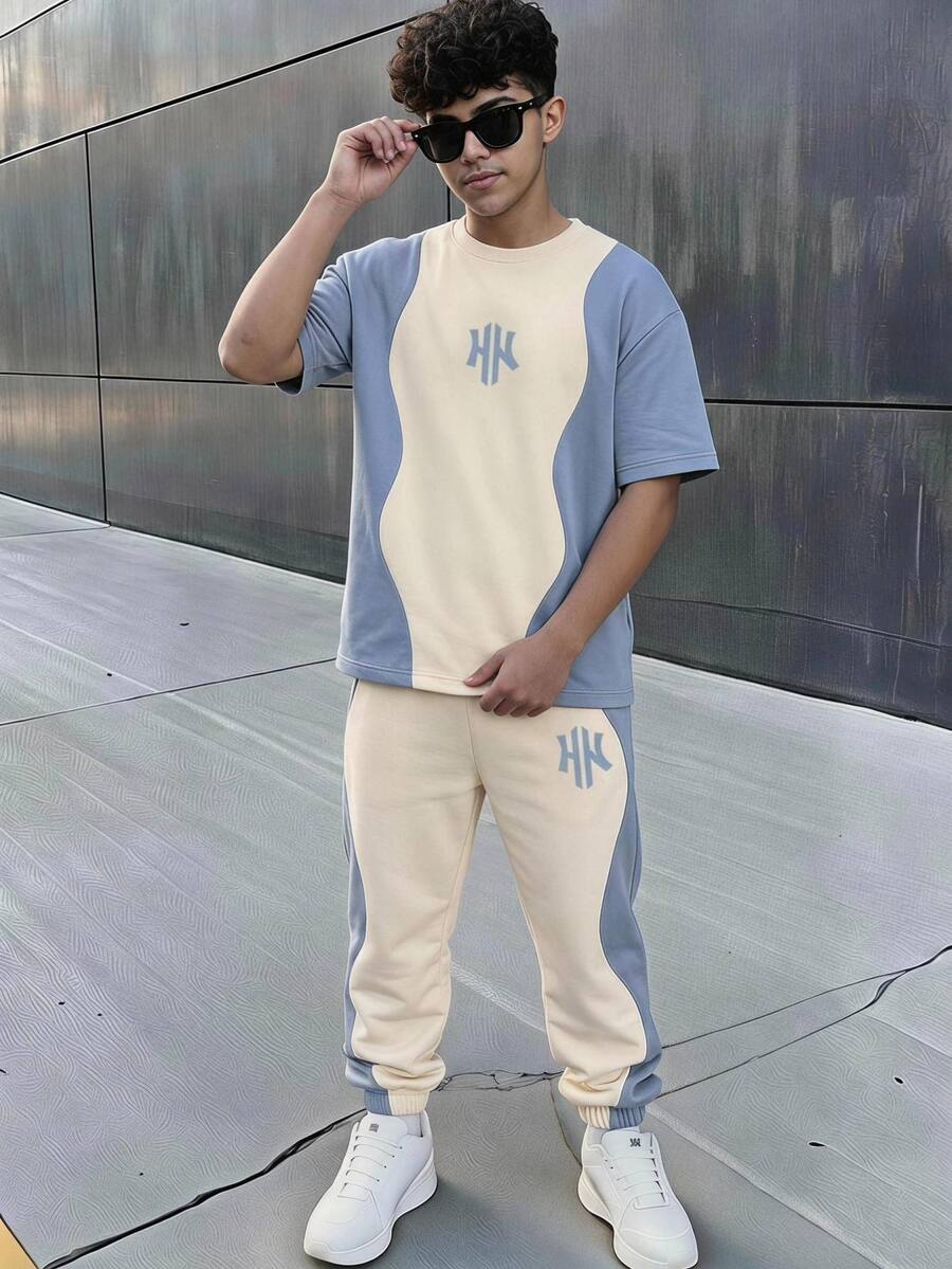 Teen Boy Casual Minimalist Short Sleeve Retro Street Hip-Hop Round Neck NK Print T-Shirt And Long Pants Knit 2 Pieces Set Suitable For Autumn - Multicolor - View 1