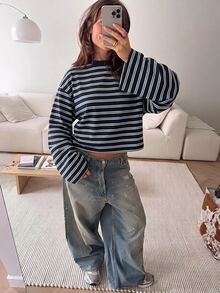 SHEIN EZwear 海外長袖草莓巧克力條紋上衣，秋季上衣，適合日常通勤、聚會、秋冬春夏、聖誕節、新年、感恩節、派對、婚禮、海灘、畢業典禮、優雅、外出、約會、通勤、情人節、優雅、度假、Y2K、畢業典禮及其他場合 - 彩色 - 查看 6