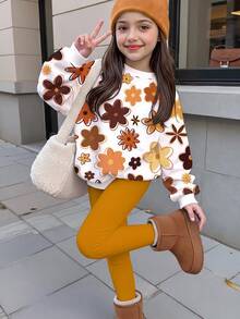 女童休閒可愛秋季甜美彩色花卉印花黃色調抓絨內裡圓領衛衣與鬆緊腰長褲套裝，適合秋冬，慵懶可愛舒適秋冬風格 - 彩色 - 查看 1
