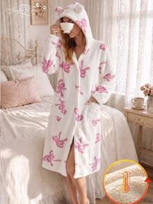 Jubah Berkerudung Mewah Musim Gugur/Dingin untuk Remaja Perempuan, Desain Tudung Telinga yang Lucu, Motif Pita Kartun, Gaya Perempuan Penuh, Jubah Santai Panjang Mewah yang Nyaman untuk di Rumah, Pakaian Sehari-hari Santai, Tidur Siang, Kamar Mandi, Serbaguna, Pakaian Luar Rumah Gaya Perempuan Lembut yang Serbaguna - Putih - View 2