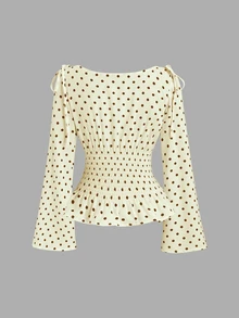 Sweetra New Autumn/Winter French Elegant Fashion Polka Dot Shoulder Bowknot Waist Gathered Slimming Casual Commute Versatile Flare Long Sleeve Women's Blouse - Yellow - View 2