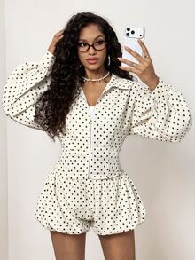 BamGleam Women's Lantern Sleeve Slim Fit Cinched Waist Polka Dot Zipper Jacket - Black and White - View 5