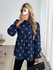 Easowa 秋冬優雅收腰花瓣袖女式上衣，修身圓領休閒上衣，獨特印花工藝，適合外出與職場通勤 - 彩色 - 查看 3