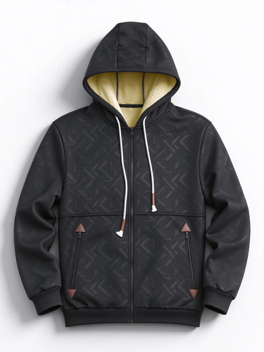 Marvello Homme Men's Geometric Print Drawstring Hooded Zip-Up Sweatshirt Jacket - Black - View 1