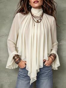 SHEIN Women's Solid Color Beige High Neck Ruched Asymmetric Triangle Hem Ruffle Back Tie Elegant Long Sleeve Blouse Chiffon Top Casual Party Commute Go Out - Apricot - View 3