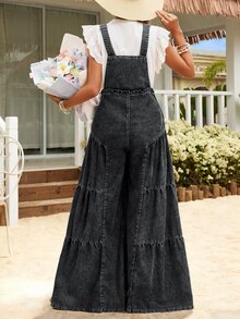 Breezaya Women's Wide Leg Denim Overalls With Side Metal Button Decor - Black - View 2