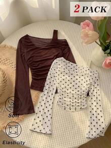 SHEIN MOD Women's 2pcs Solid Color & Polka Dot Asymmetrical Shoulder T-Shirts - Brown - View 1